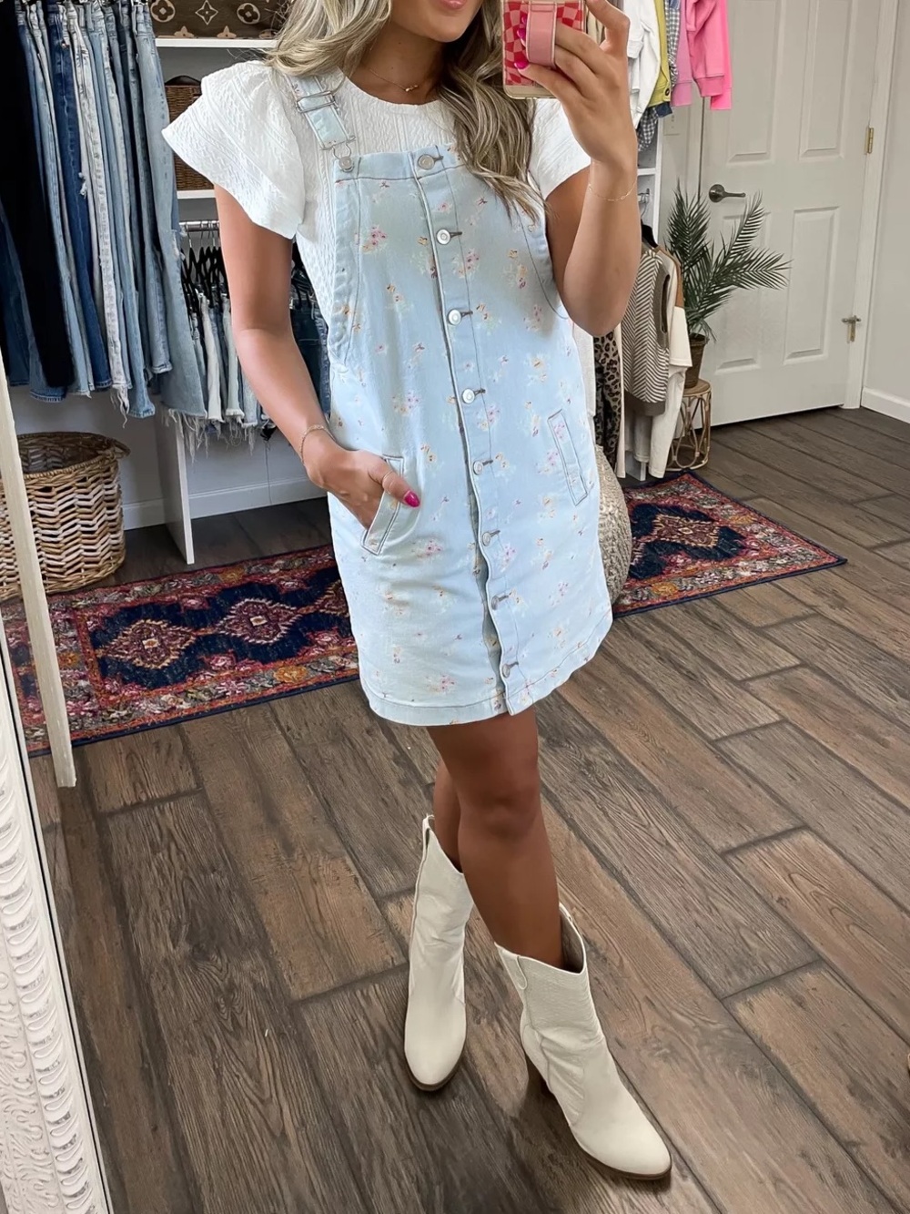 Celebrity Pink Floral Denim Pinafore Overalls Dress